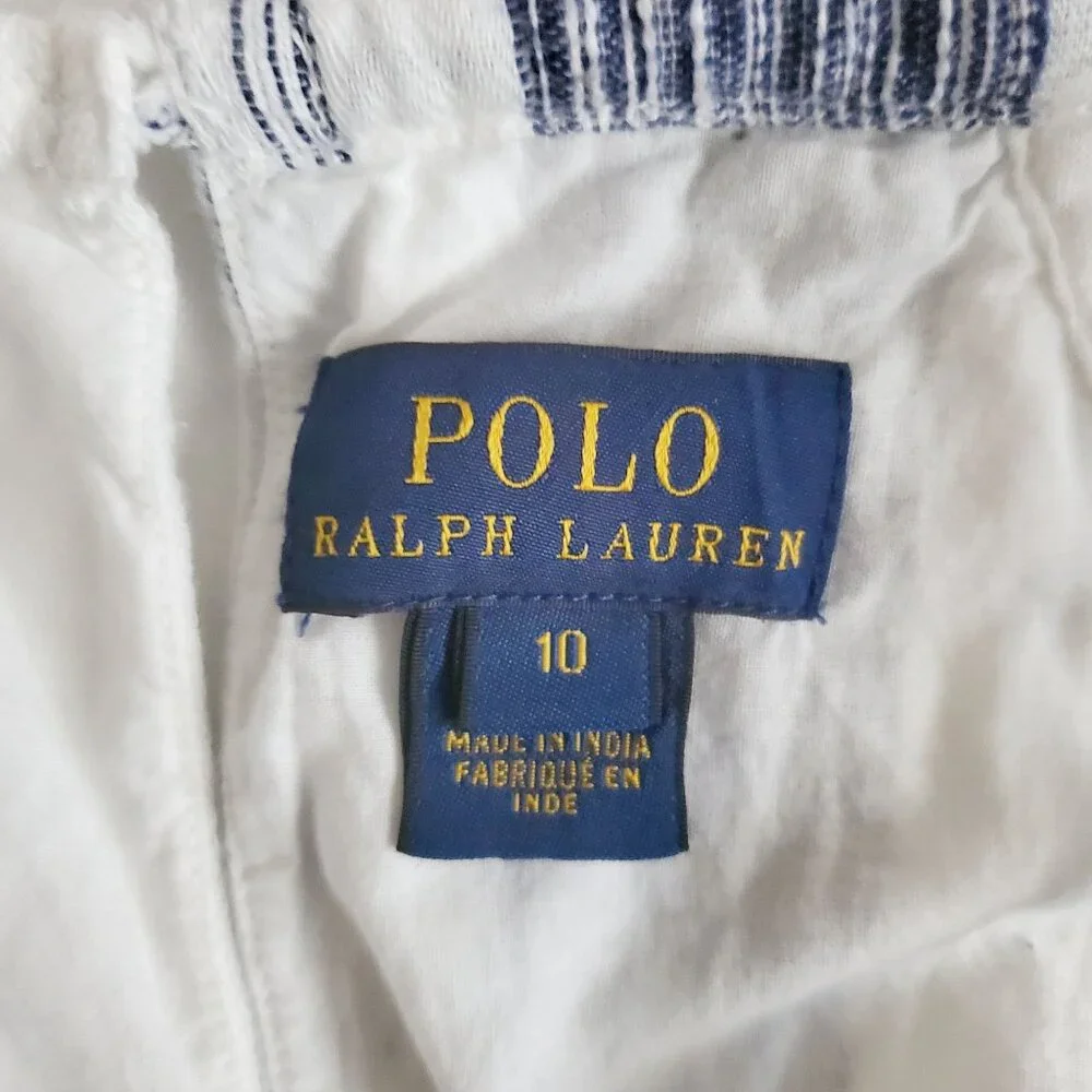 POLO Ralph Lauren Girls Blue Striped High‎ Neck Pom-Pom Hem Sleeveless Top Sz 10